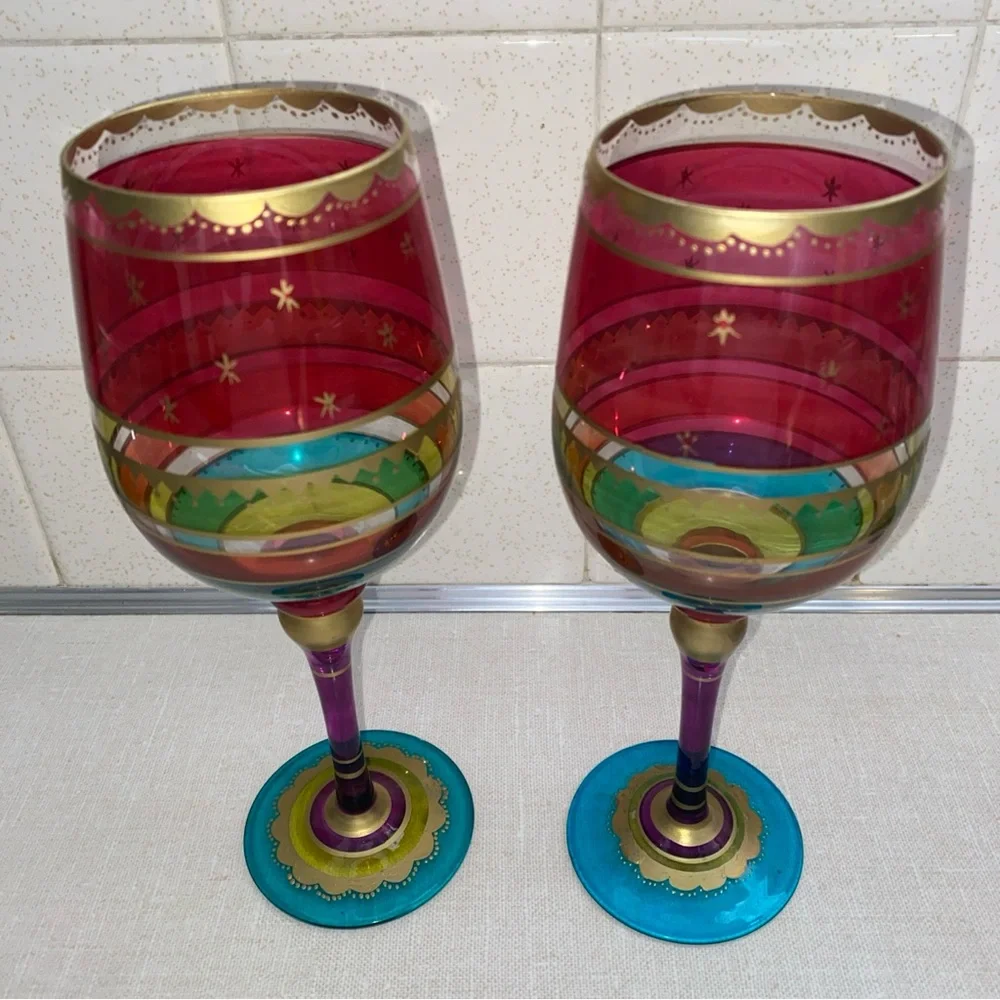 Pier 1 Festive Holiday Stripe Red Gold Purple Blue Wine Glass Set Hand‎ Painted